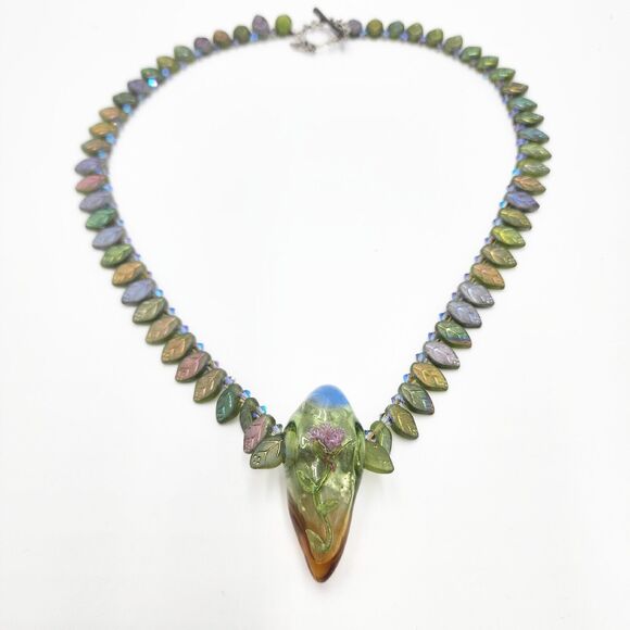 Vintage Large Rare Hand Blown Glass Fairy Flower Leaves Pendant Artisan 20